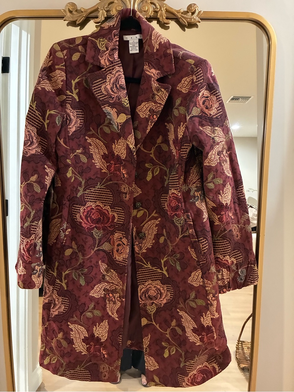 CABI Jacobean Tapestry Coat Floral Brocade Burgundy Pockets - Picture 2 of 6